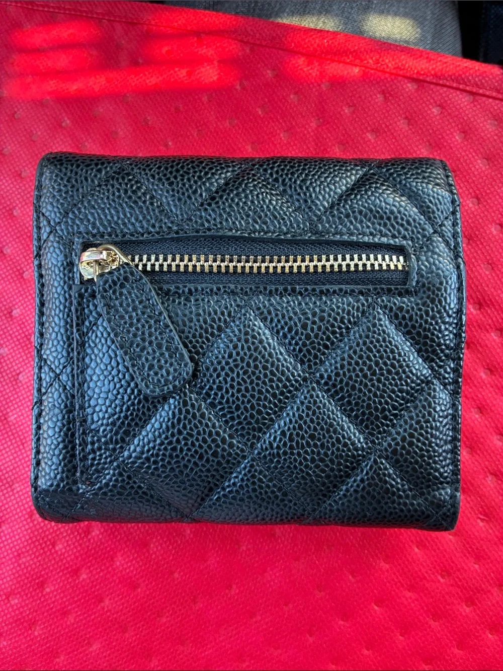 CHANEL Black Quilted Caviar Leather Small Wallet with Gold CC